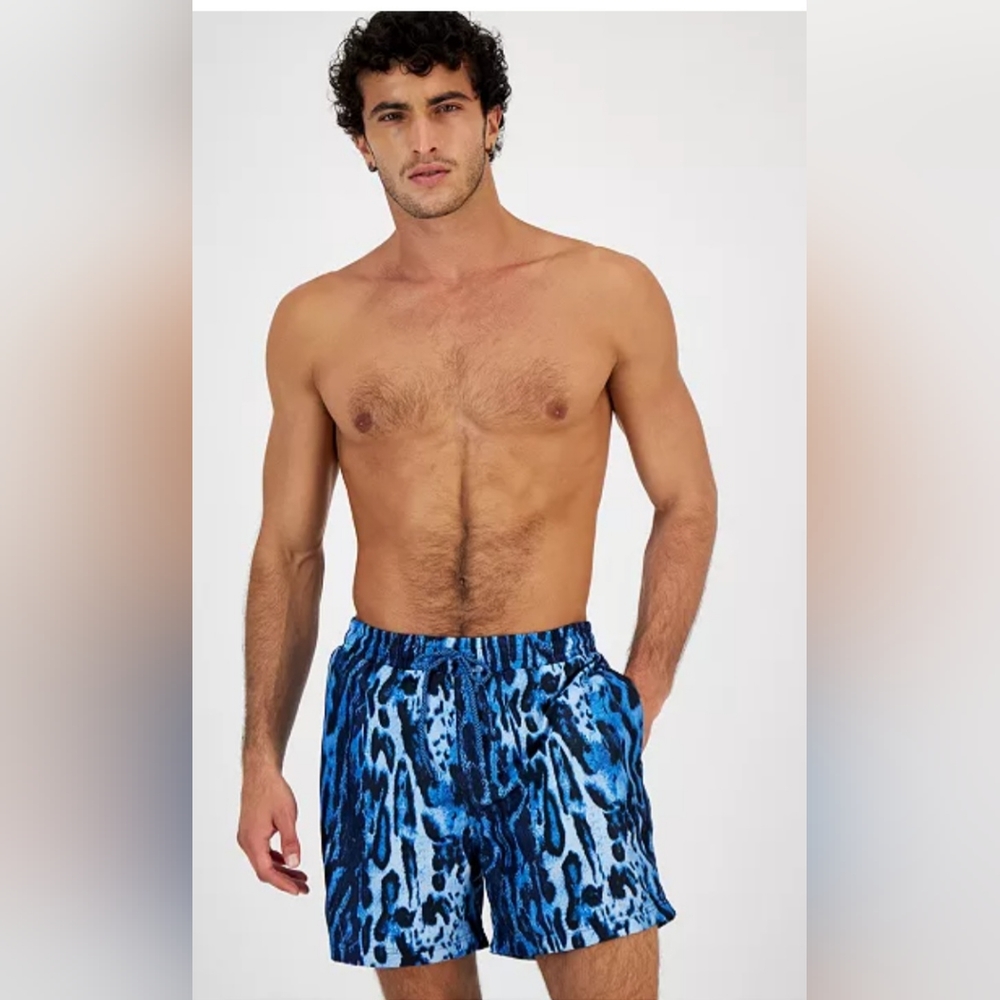 INC Men's Swim Trunks Blue Animal Print NEW Mesh Lined Pockets Size L NWT